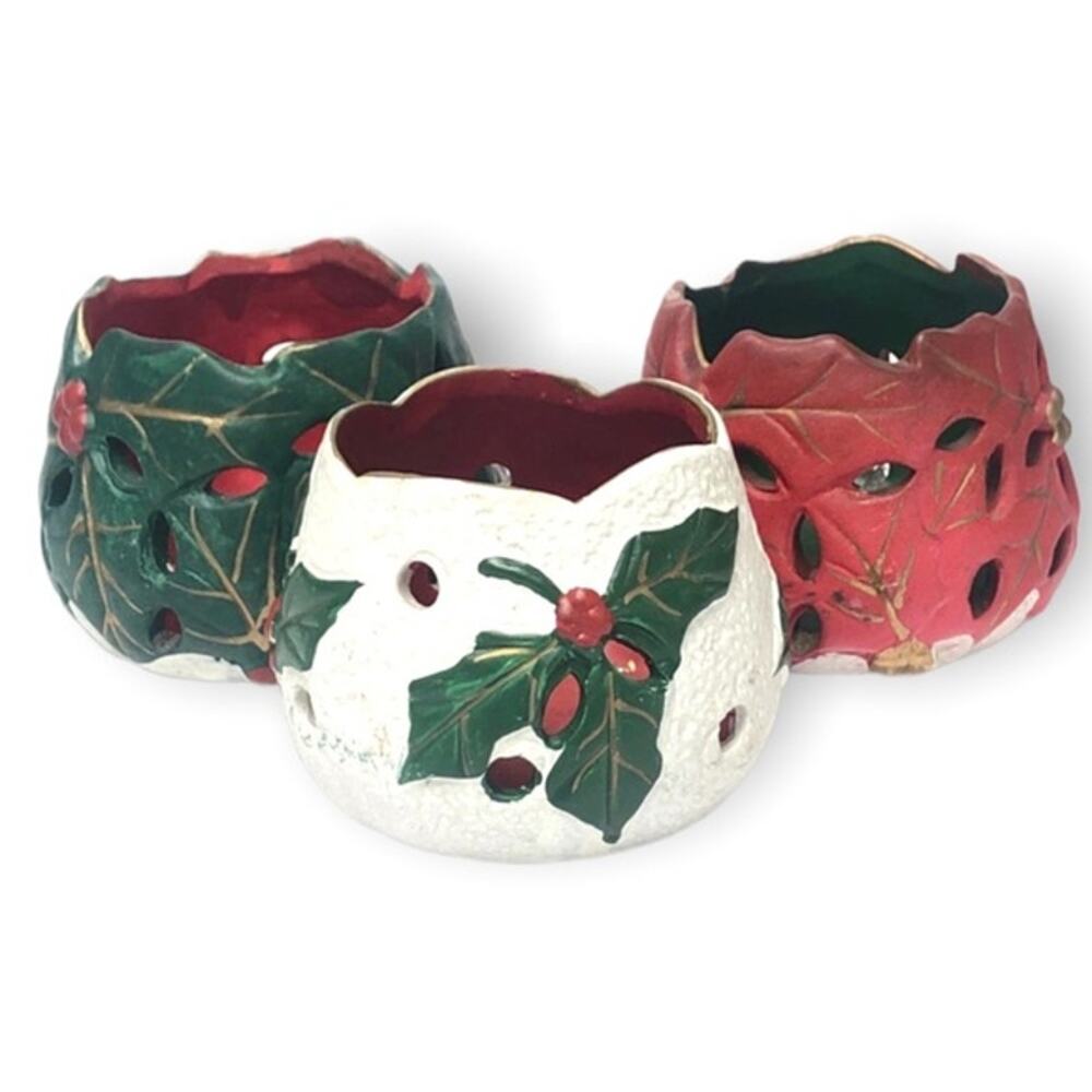 Set of 3 Vintage Tealight Candle Holders Holly Berry Christmas Holiday Red Green